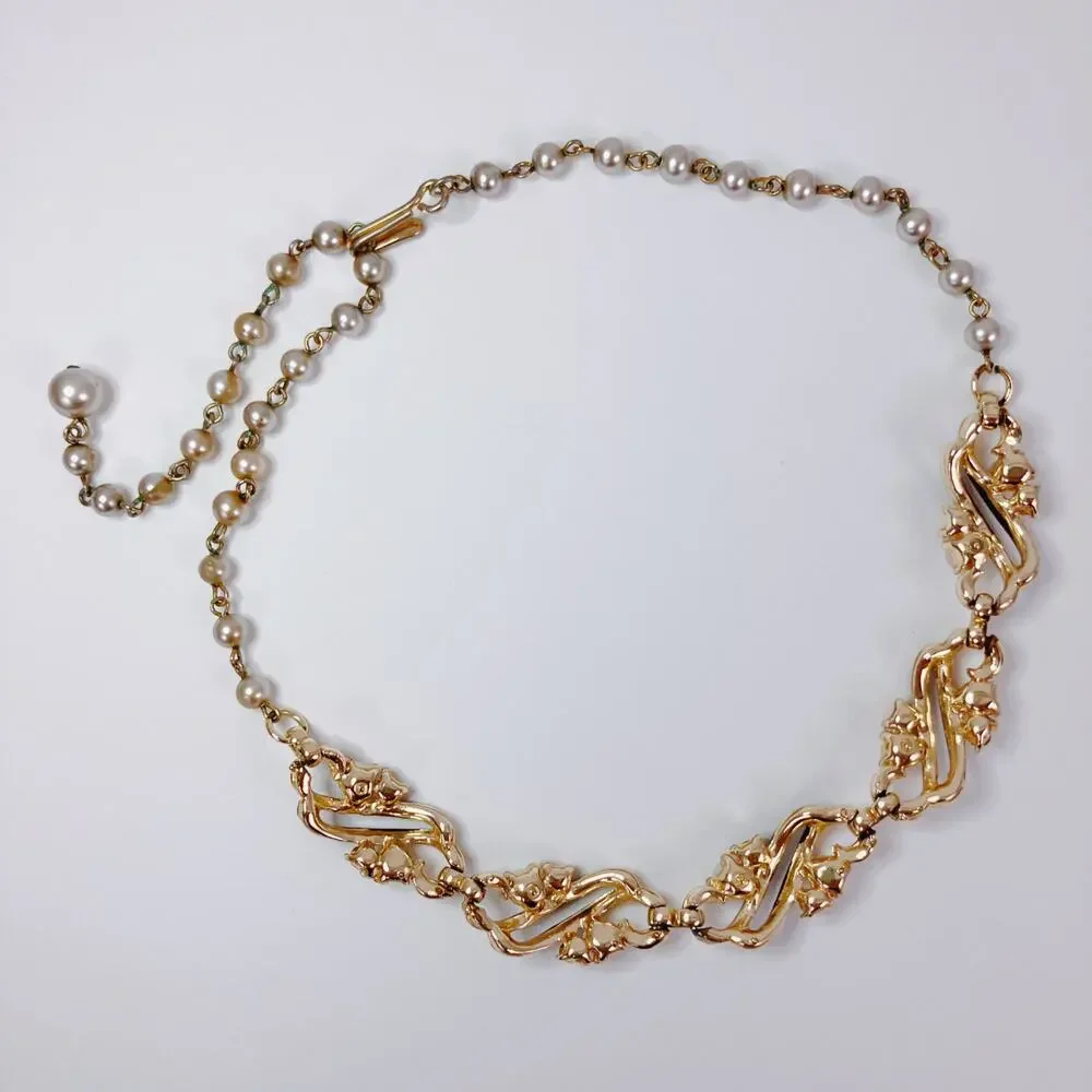 Vintage 50s Gold Tone Black Enamel Faux Pearl Rhinestone Link Choker Necklace